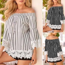 Sexy Off-shoulder Boat Neck Lace Spliced Striped Top 