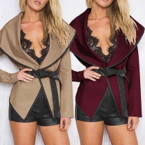 Fashion Solid Color Long Sleeve Lapel Cardigan with Waist Strap