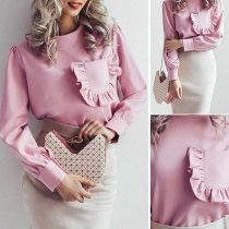 Fashion Solid Color Long Sleeve Round Neck Ruffle Pocket Top 