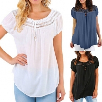 Fashion Lace Spliced Boat Neck Short Sleeve Solid Color Top 