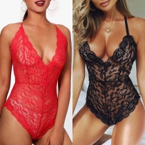 Sexy Backless Deep V-neck See-through Lace Sling Romper