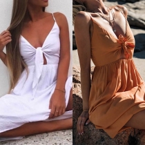 Sexy Backless Knotted V-neck Solid Color Sling Dress