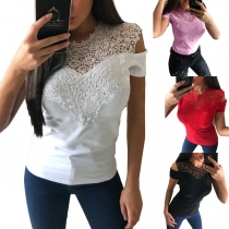 Sexy Off-shoulder Short Sleeve Round Neck Lace Spliced T-shirt 