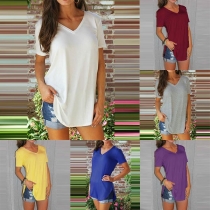 Simple Style Short Sleeve V-neck Solid Color T-shirt 