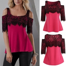 Sexy Off-shoulder Boat Neck Lace Spliced T-shirt 