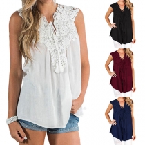 Fashion Solid Color Sleeveless Lace Spliced Chiffon Top 