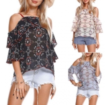 Sexy Off-shoulder Trumpet Sleeve Printed Chiffon Top 