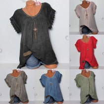 Fashion Lace Spliced Short Sleeve Round Neck Solid Color Top 