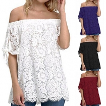 Sexy Off-shoulder Boat Neck Short Sleeve Solid Color Lace Top 