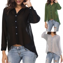 Fashion Solid Color Long Sleeve V-neck High-low Hem Chiffon Blouse
