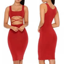 Sexy Hollow Out High Waist Sleeveless Solid Color Tight Dress