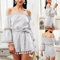 Sexy Off-shoulder Boat Neck Trumpet Sleeve Tassel Spliced Striped Romper 