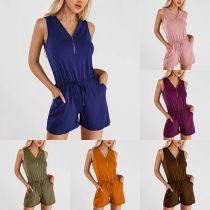 Fashion Solid Color Sleeveless Zipper V-neck Romper 