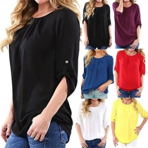 Fashion Solid Color 3/4 Sleeve Round Neck Loose Top 