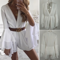 Sexy Deep V-neck Trumpet Sleeve Solid Color Romper 