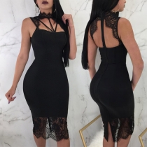 Sexy Backless Lace Spliced Sleeveless Slim Fit Dress
