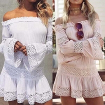 Sexy Off-shoulder Boat Neck Trumpet Sleeve Lace Spliced Romper 