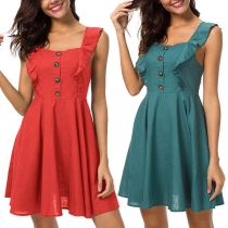 Fashion Solid Color Sleeveless Square Collar High Waist Dress