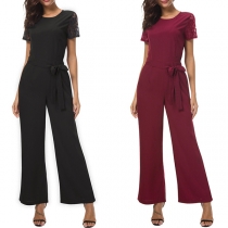 Sexy Backless Lace Spliced Short Sleeve Round Neck High Waist Jumpsuit