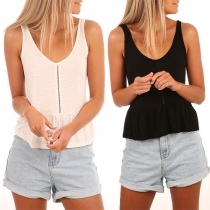 Fashion Sleeveless Round Neck Ruffle Hem Solid Color Top 