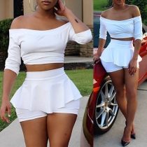 Sexy Off-shoulder Boat Neck Half Sleeve Crop Top + High Waist Skort Two-piece Set 