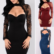 Sexy See-through Lace Spliced Long Sleeve Bodycon Dress
