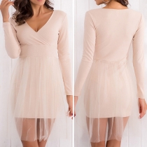Sexy Long Sleeve V-neck High Waist Gauze Spliced Dress