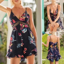 Sexy Backless V-neck Lace Spliced High Waist Printed Sling Romper
