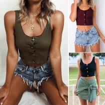 Fashion Solid Color Sleeveless Single-breasted Crop Top 
