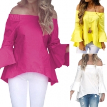 Sexy Off-shoulder Boat Neck Trumpet Sleeve Solid Color Top 