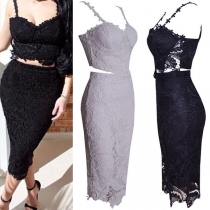 Sexy Backless Sling Lace Crop Top + High Waist Skirt Two-piece Set 