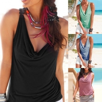 Fashion Lace Spliced Sleeveless Cowl Neck Solid Color T-shirt 