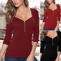 Fashion Solid Color 3/4 Sleeve Square Collar Slim Fit T-shirt