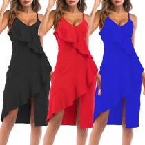 Sexy Backless V-neck Irregular Hem Sling Ruffle Dress