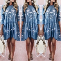 Fashion Long Sleeve Round Neck Printed Dress