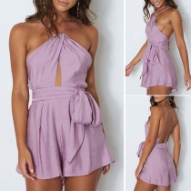 Sexy Backless Off-shoulder Solid Color Halter Romper 