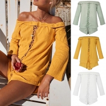 Sexy Off-shoulder Boat Neck 3/4 Sleeve Lace-up Top + Shorts Two-piece Set 