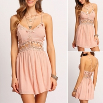 Sexy Backless V-neck High Waist Lace Spliced Sling Dress