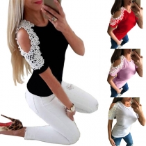 Sexy Off-shoulder Lace Spliced Short Sleeve Round Neck T-shirt 