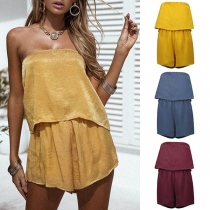 Sexy Strapless High Waist Solid Color Romper 