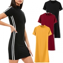 Fashion Striped Spliced Short Sleeve Mock Neck Slim Fit Dress