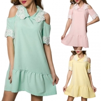 Sexy Off-shoulder Lace Spliced Short Sleeve Lapel Dress