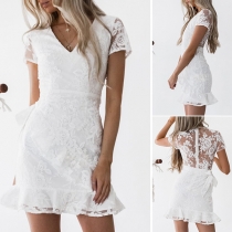 Sexy V-neck Short Sleeve Ruffle Hem Lace Dress