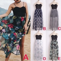 Sexy Backless Slit Hem High Waist Printed Sling Dress