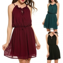 Fashion Solid Color Elastic Waist Sling Chiffon Dress
