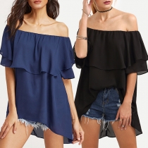 Sexy Off-shoulder Boat Neck High-loe Hem Loose Chiffon Top