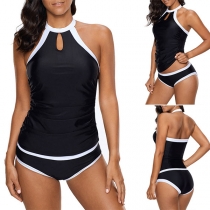 Sexy Backless Contrast Color Halter Top + Briefs Swimsuit Set 