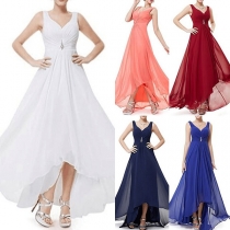 Elegant Solid Color Sleeveless V-neck High Waist Chiffon Dress
