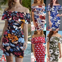 Sexy Boat-neck Short Sleeve Lotus Spliced Printed Pattern Over-hip Dress