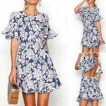 Sexy Round-neck Backless Short Sleeve Printed Pattern Dress